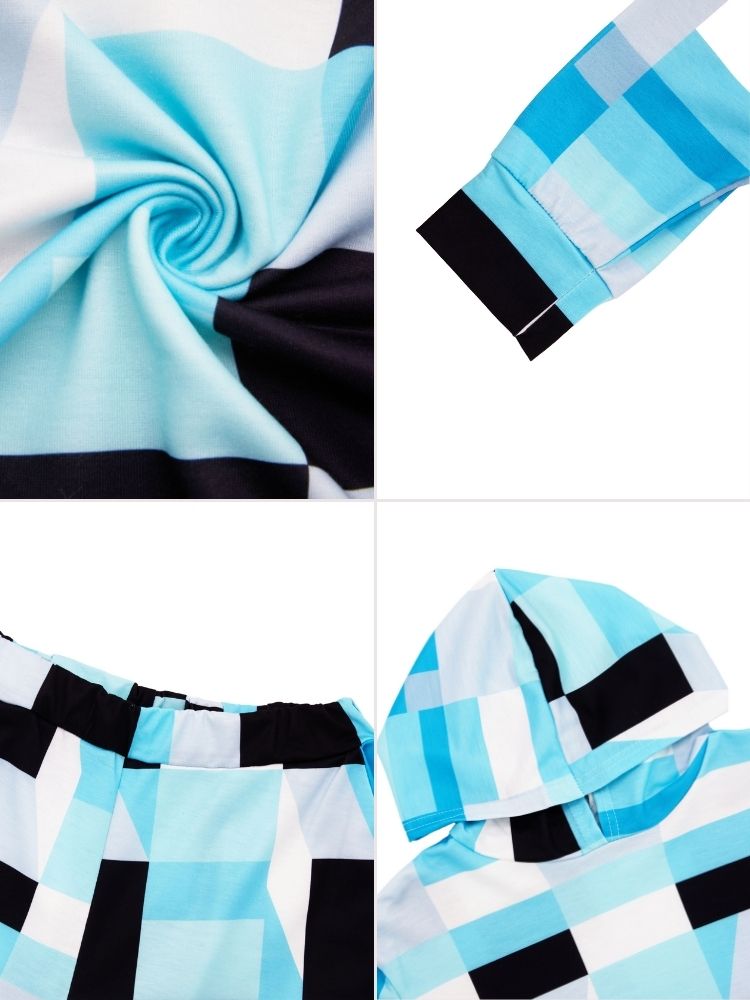 Long Sleeve Hooded Printed Sportswear Set Blue · XL