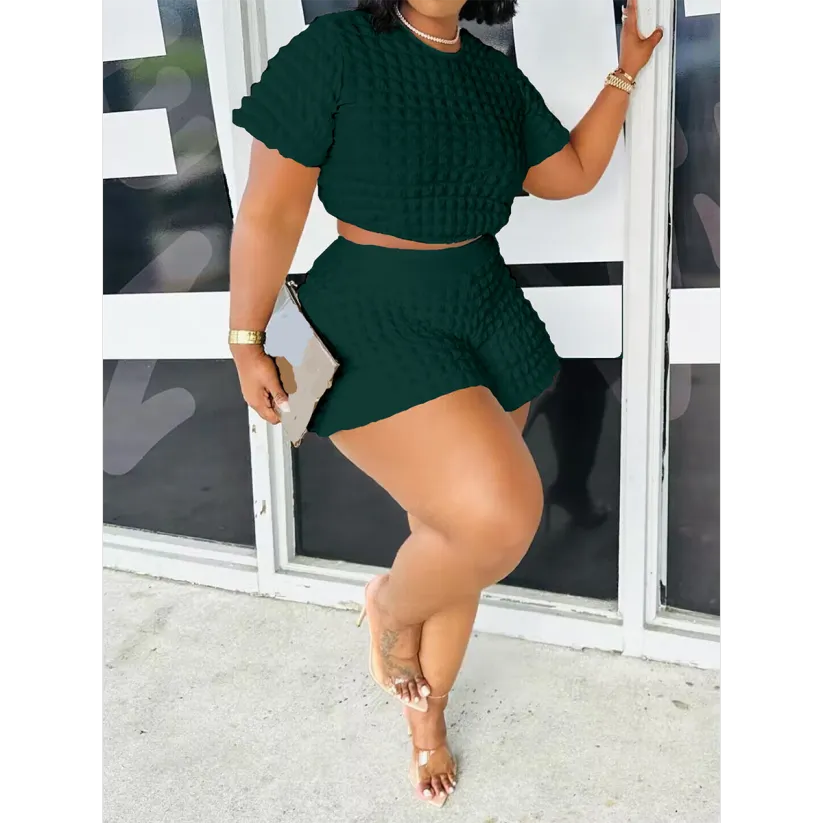 Two Piece Short Sleeve Bubble Top Shorts