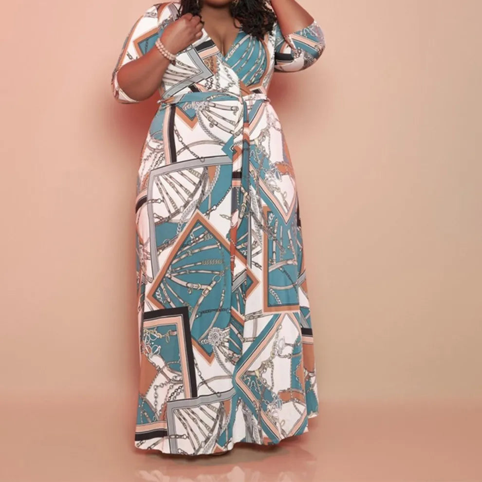 Plus Size V Neck Floral Printed Maxi Dress