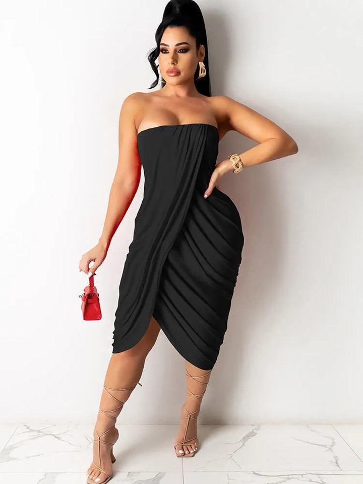 Asymmetrical Ruched Sleeveless Strapless Midi Dress