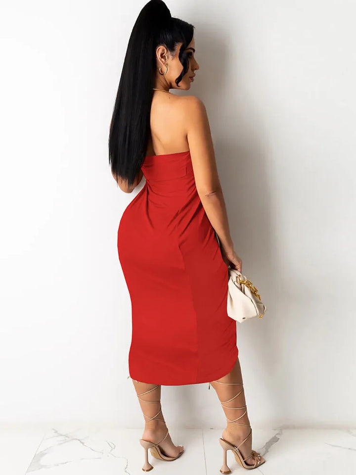 Asymmetrical Ruched Sleeveless Strapless Midi Dress