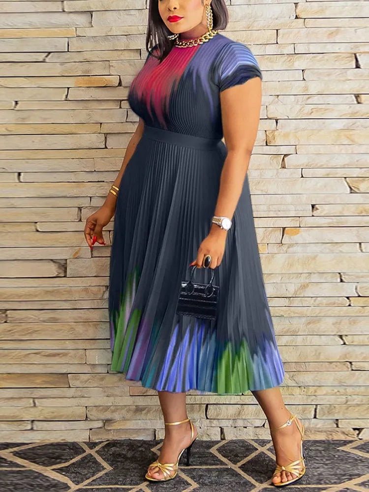 Short Sleeve Floral Print Pleated Skrit Suit