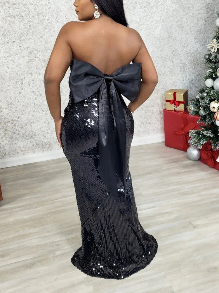 Bow Back Sequin Strapless Dress