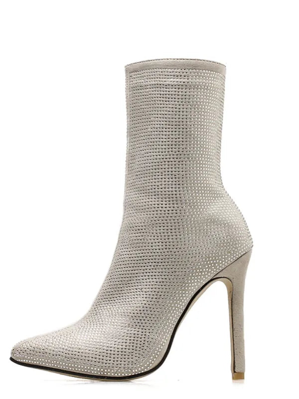 Rhinestone Zipper Heel Ankle Boots
