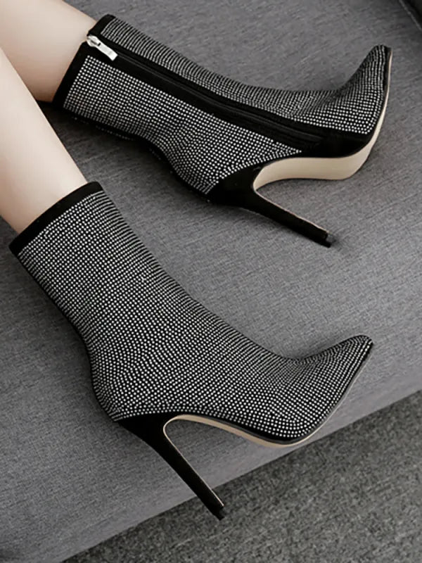 Rhinestone Zipper Heel Ankle Boots