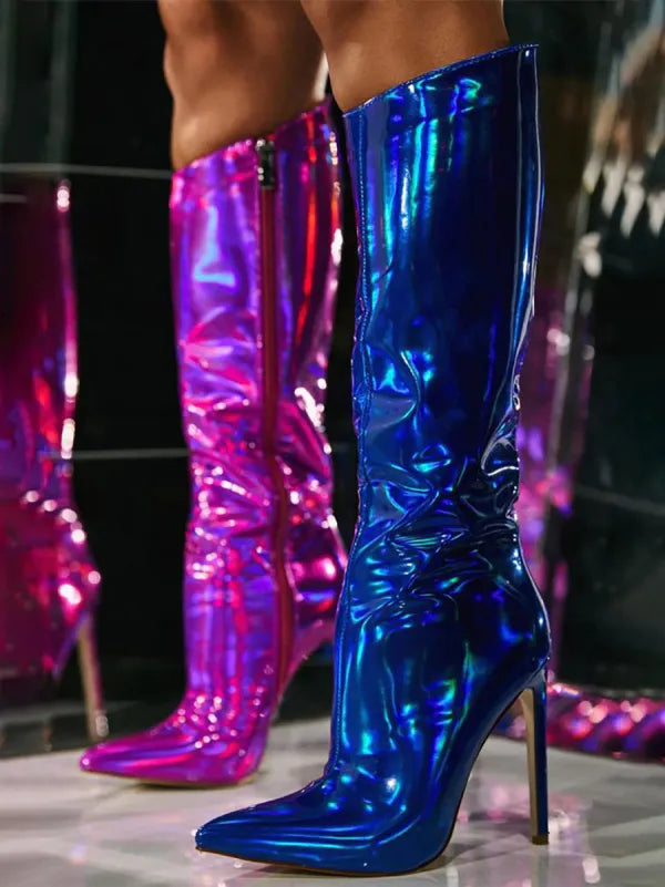 Colorful Shiny Pointed Toe High Heel Boots