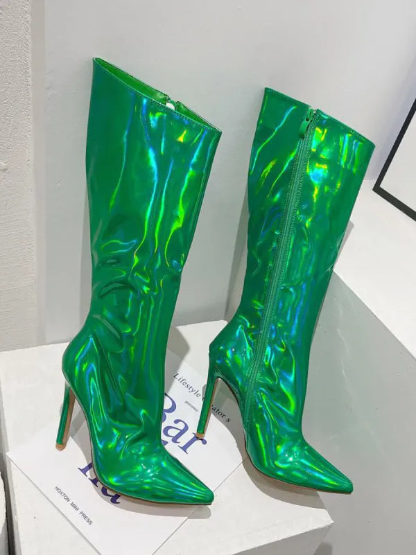 Colorful Shiny Pointed Toe High Heel Boots