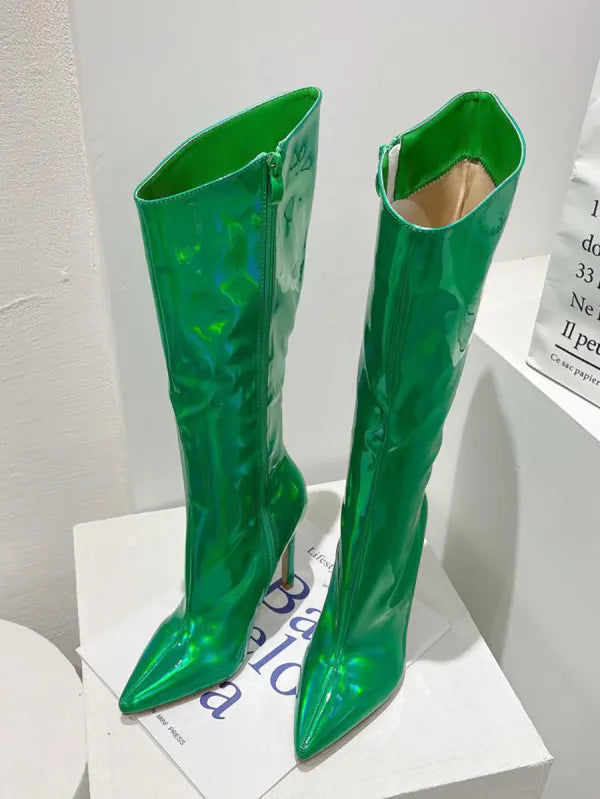 Colorful Shiny Pointed Toe High Heel Boots